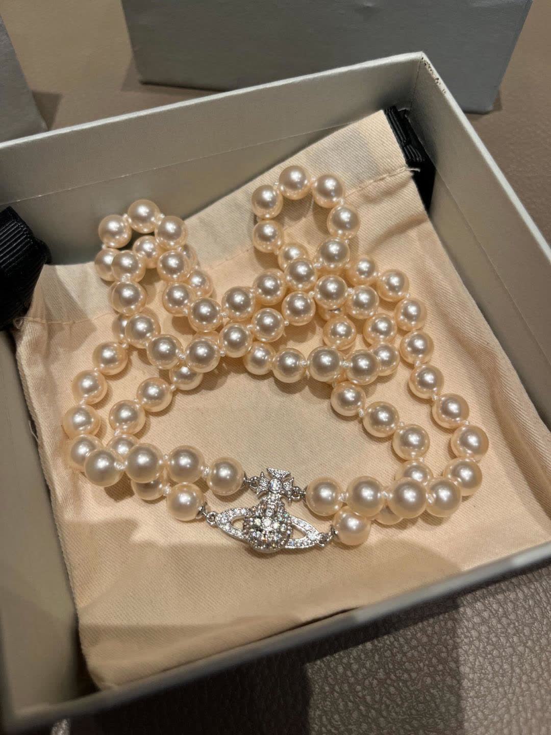 Vivienne Westwood Classic White Pearl Necklace with Diamond Clasp